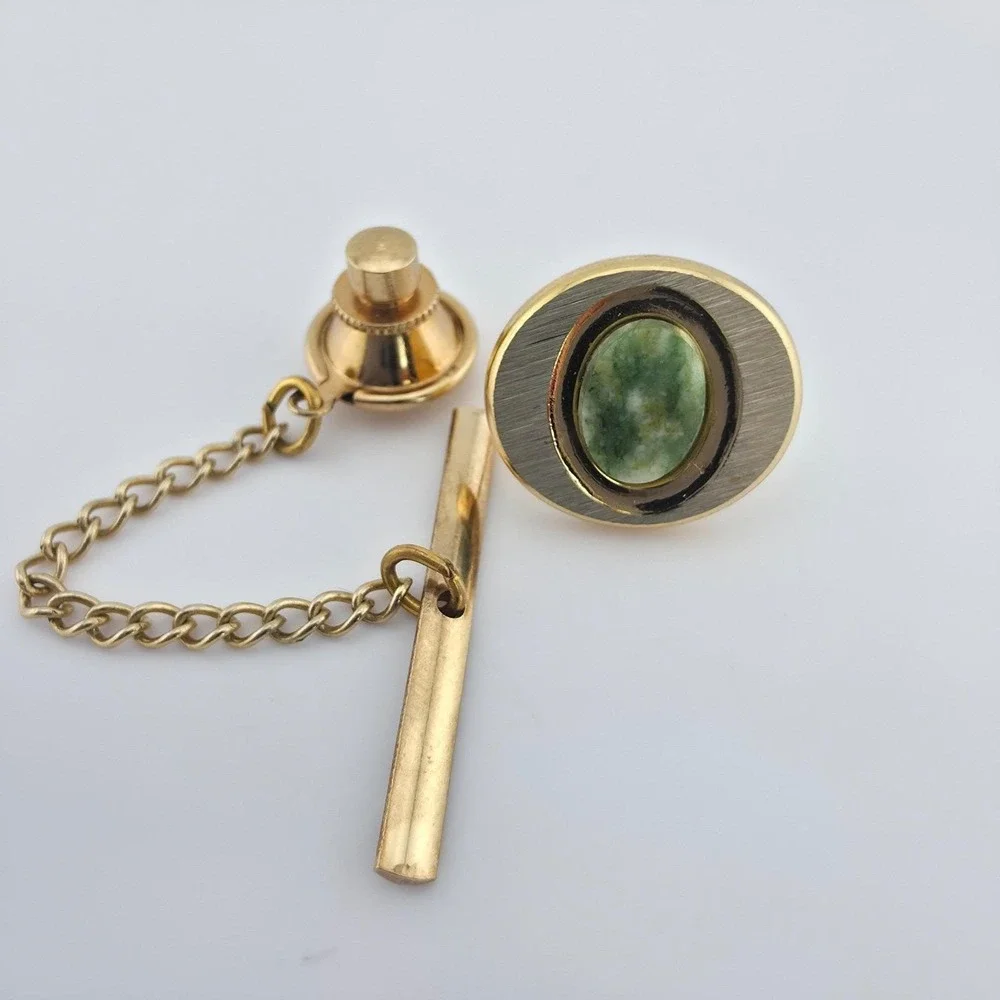 Vintage Jadeite Tie Tack Pin Jade Semi-Precious Gemstone Silver & Gold Tone